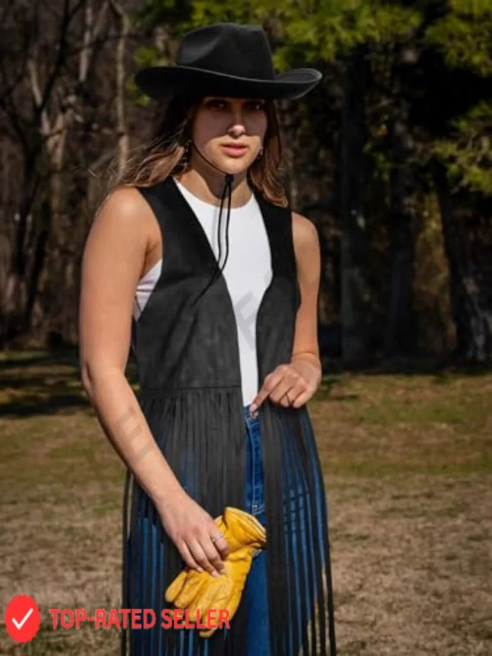 Faux Suede Fringe Vest with Cowgirl Hat 70s Hippie Western